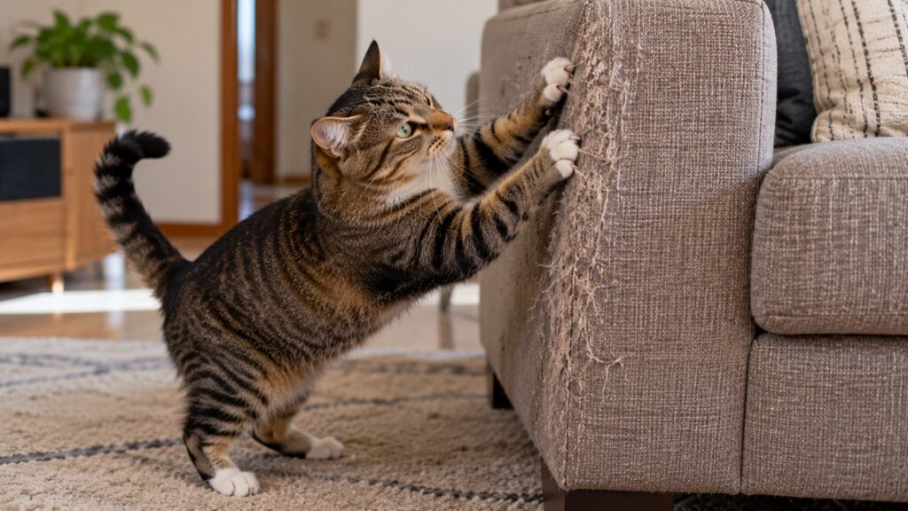 Gato malhado em pé arranhando o braço de um sofá de tecido, com as unhas fincadas e o estofado já desfiado