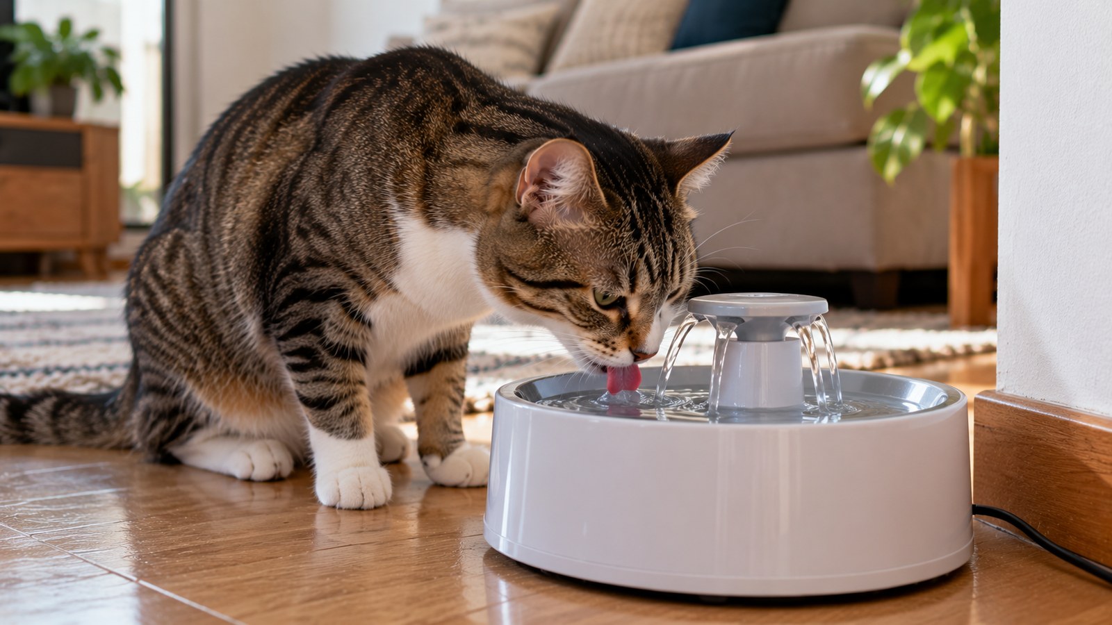 Gato malhado bebendo de uma fonte de água corrente para gatos no chão de madeira da sala