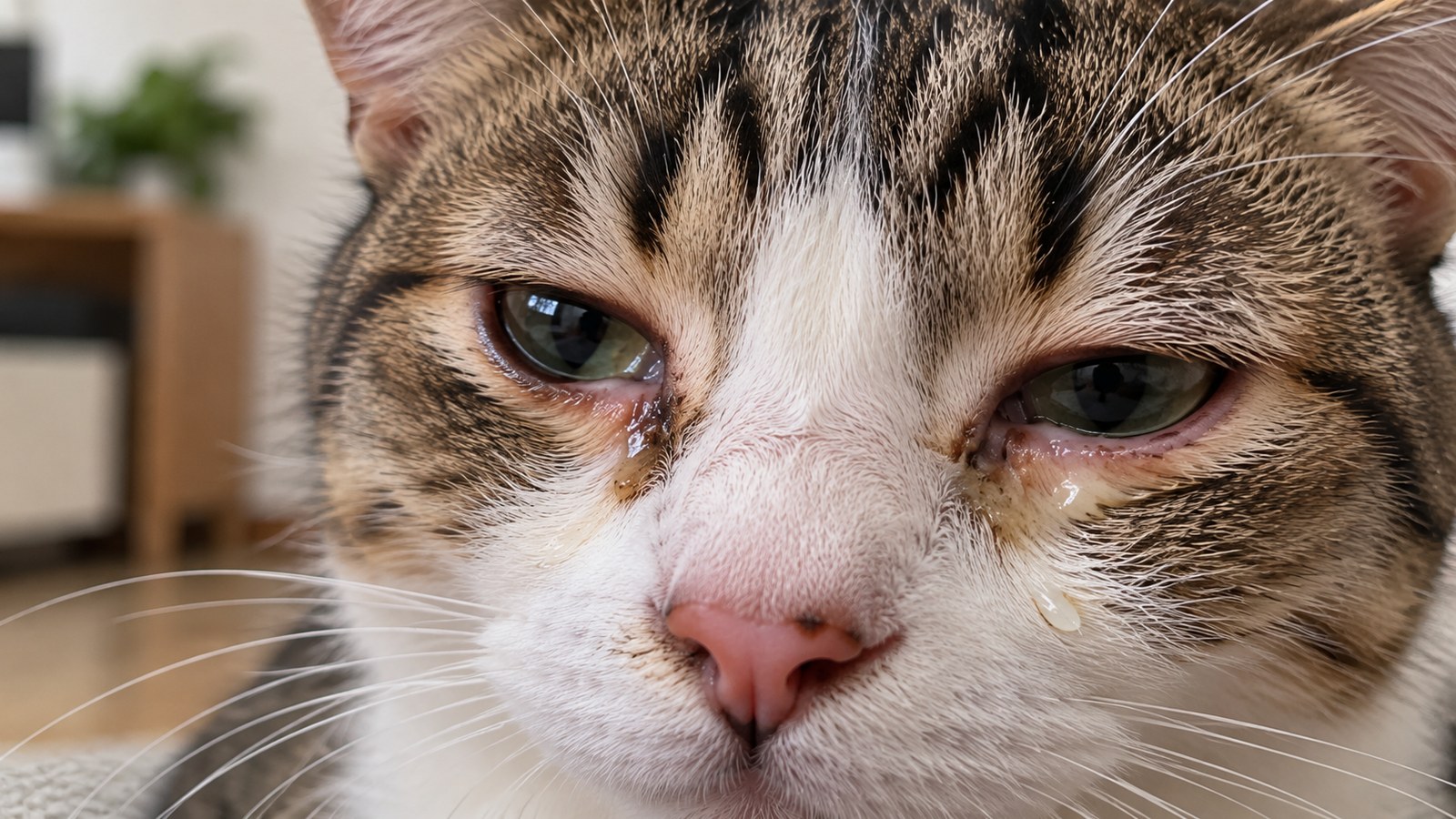 Close do focinho de um gato malhado e branco com os dois olhos lacrimejando e secreção acumulada no canto deles