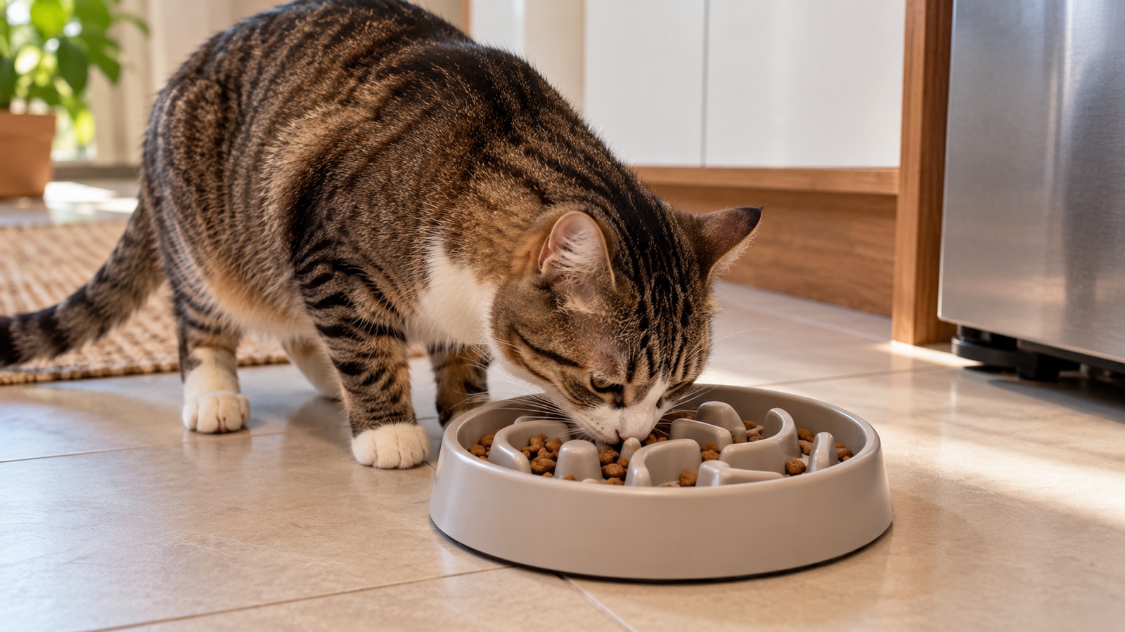 Gato malhado comendo ração de um comedouro lento com relevos, no chão de uma cozinha