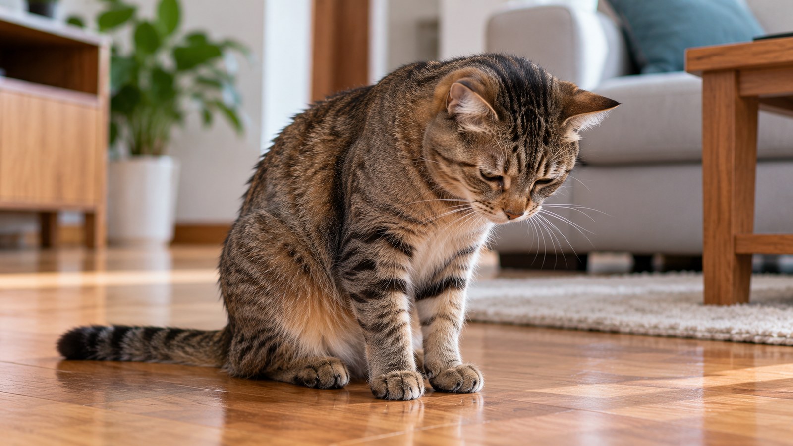 Gato malhado sentado no chão de madeira de uma sala, de cabeça baixa e com ar de mal-estar