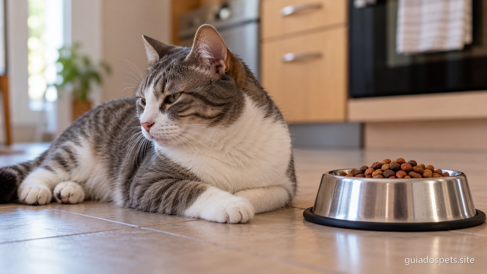 Gato malhado de cinzento e branco deitado no chão da cozinha ao lado de uma tigela cheia de ração