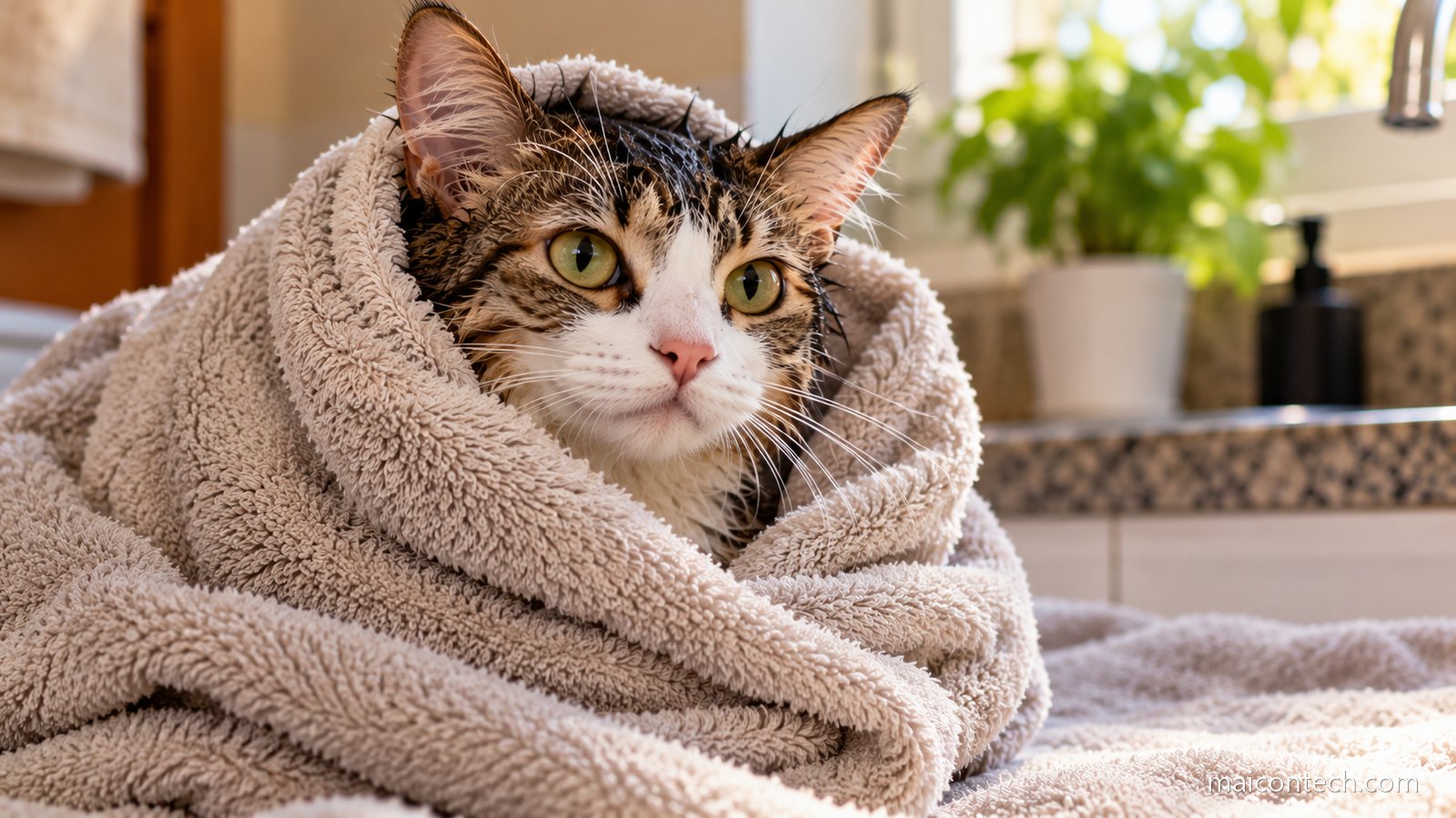 Gato molhado enrolado numa toalha felpuda logo depois do banho, só com a cabeça de fora