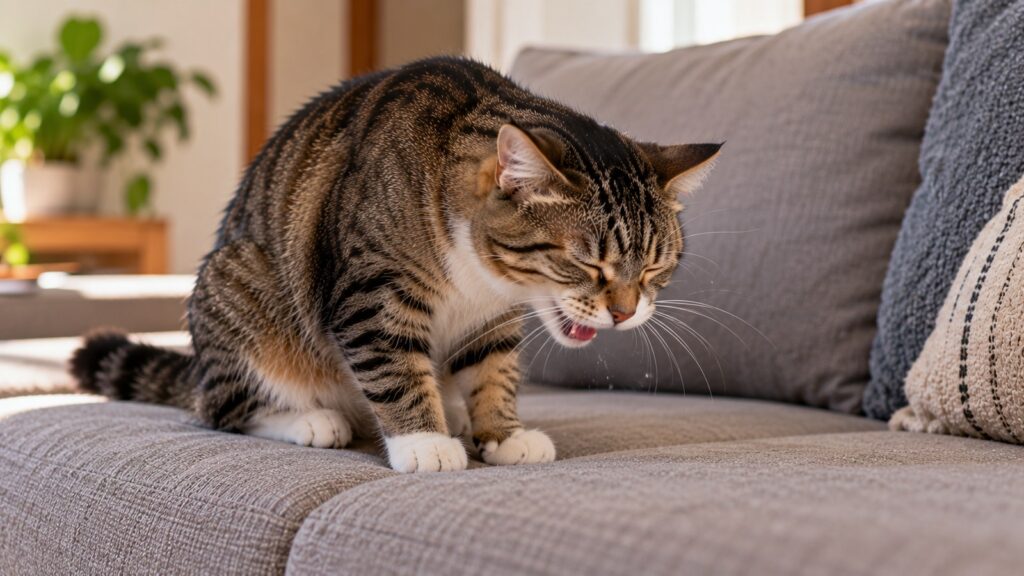 Gato malhado espirrando em cima do sofá, com os olhos fechados e a cabeça baixa