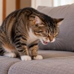 Gato malhado espirrando em cima do sofá, com os olhos fechados e a cabeça baixa