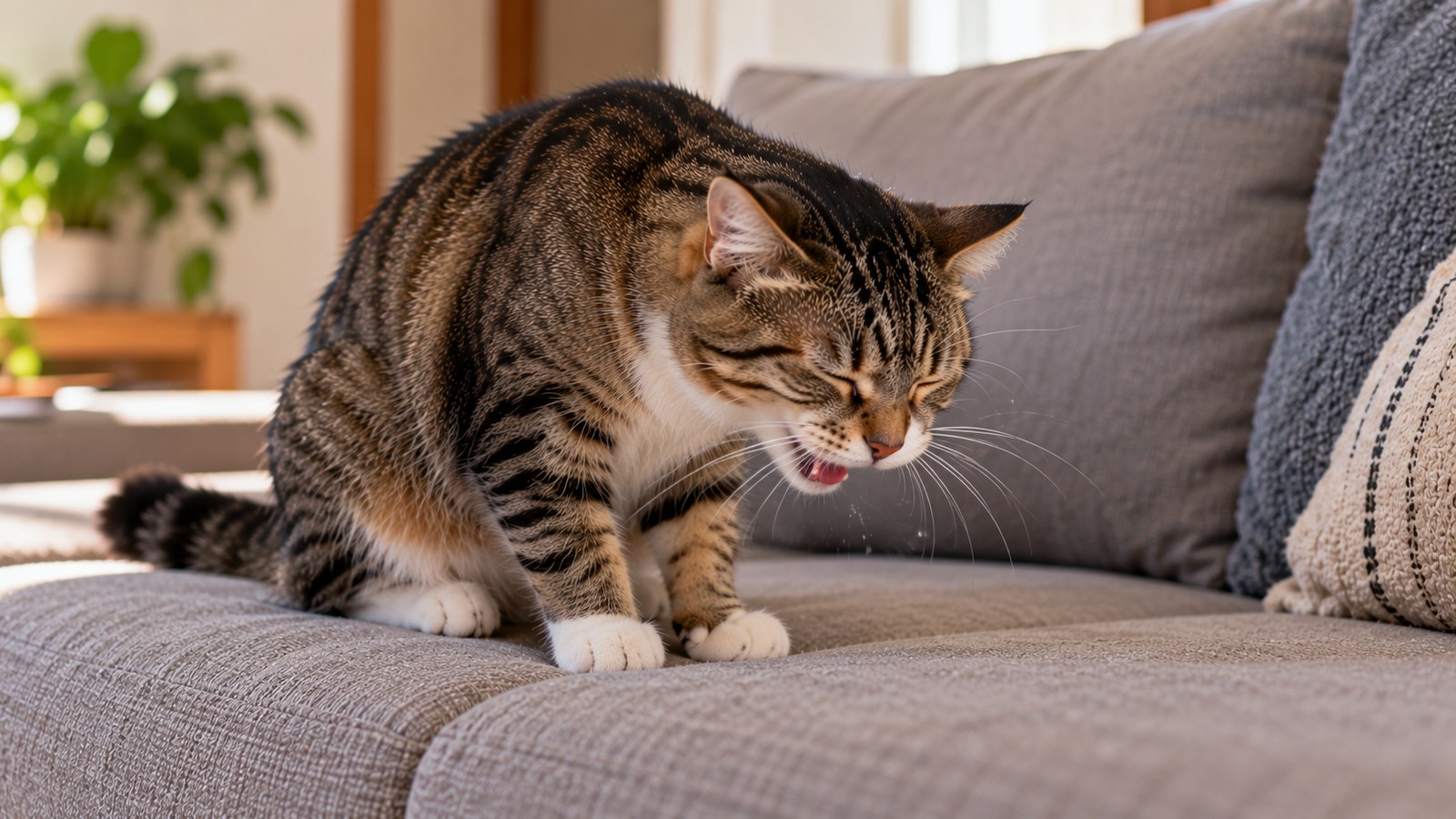 Gato malhado espirrando em cima do sofá, com os olhos fechados e a cabeça baixa