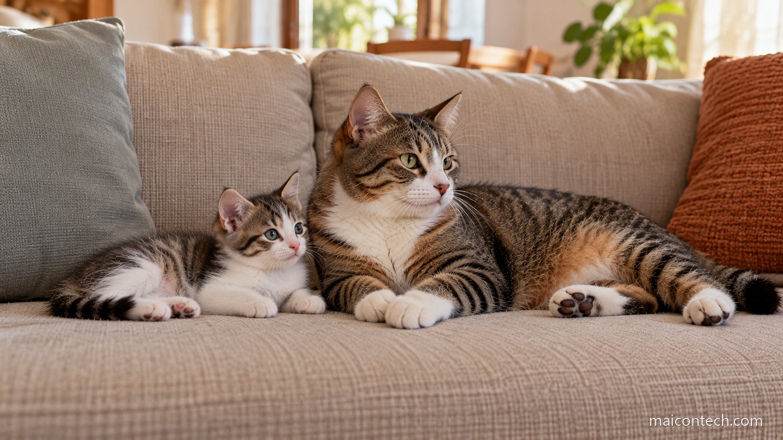 Gato filhote e gato adulto deitados lado a lado no sofá, com o filhote bem menor que o adulto