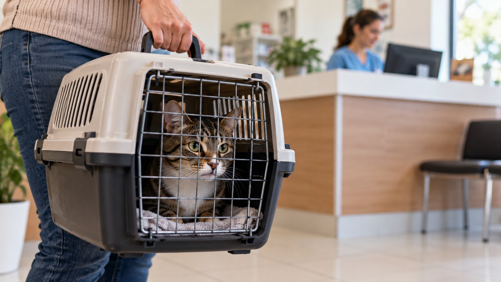 Pessoa carregando um gato dentro de uma caixa de transporte fechada na recepção de uma clínica veterinária