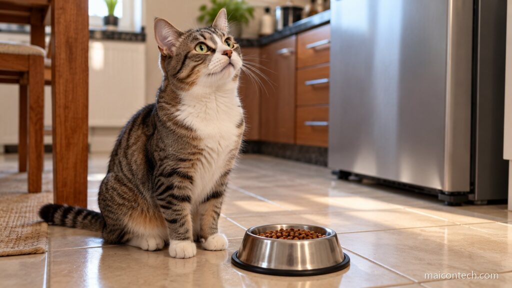 Gato malhado sentado no chão da cozinha olhando para cima, ao lado de uma tigela de ração