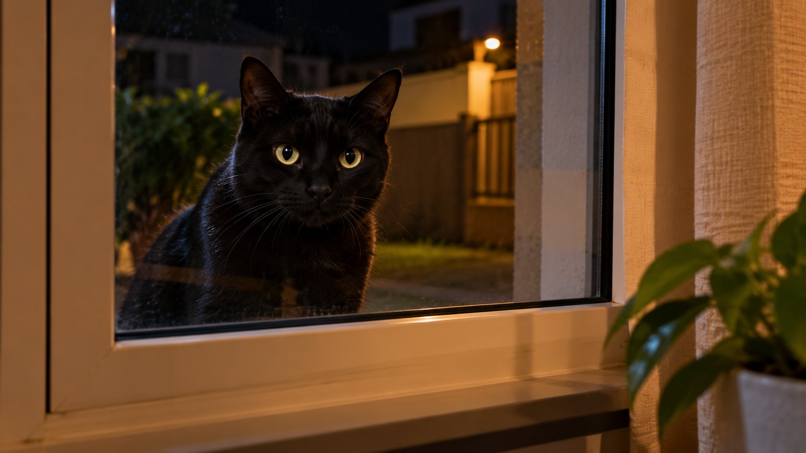 Gato preto do lado de fora de uma janela à noite, sentado e olhando para dentro da casa pelo vidro