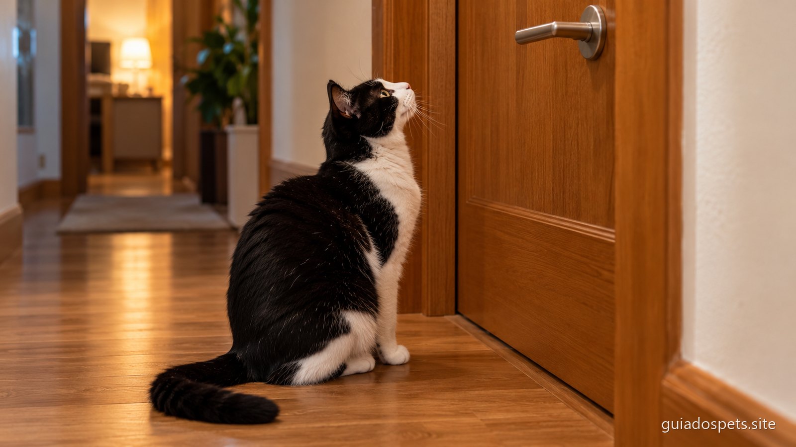 Gato preto e branco sentado no corredor em frente a uma porta de madeira fechada, de cabeça levantada olhando para a maçaneta