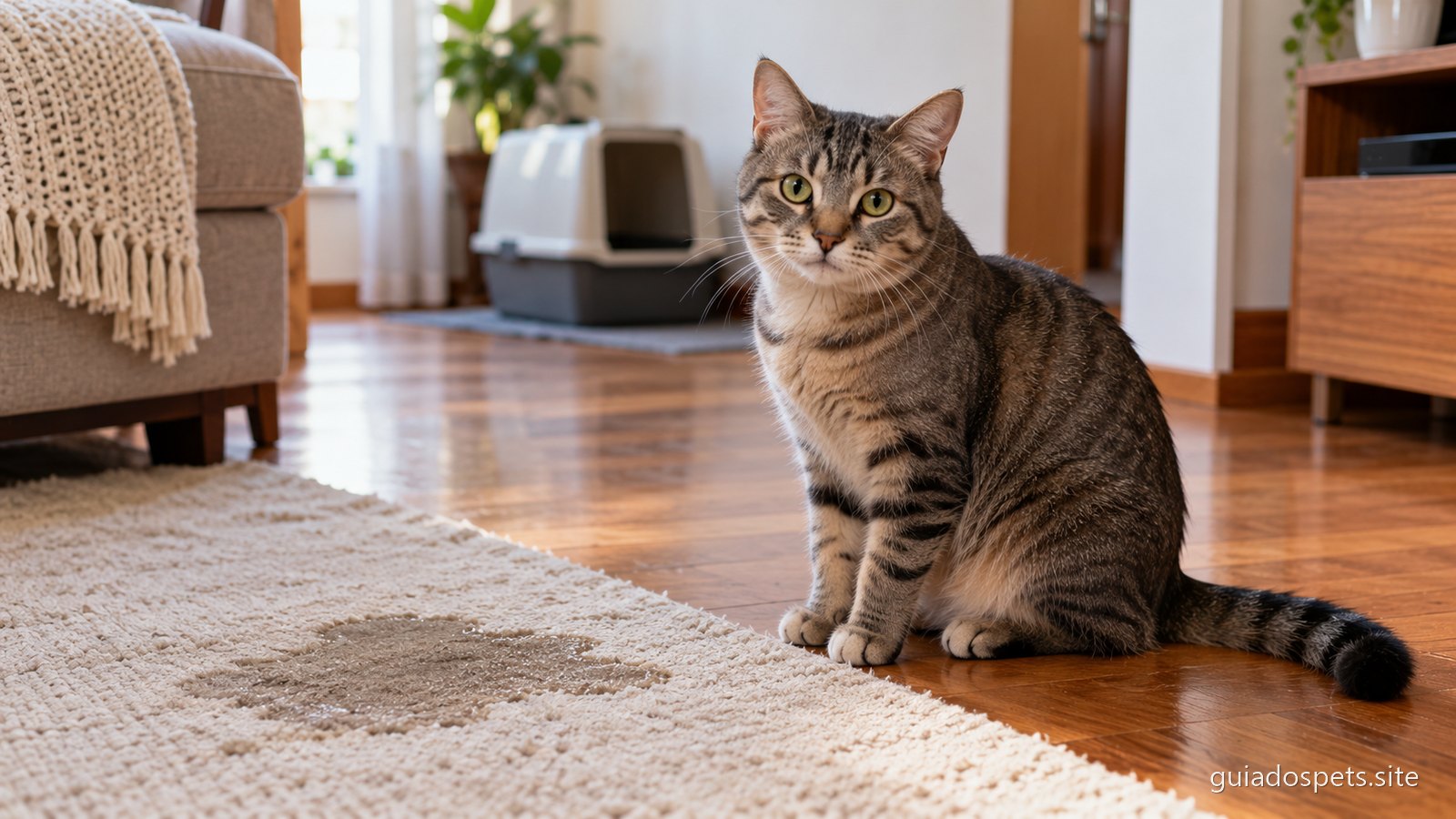 Gato malhado sentado no chao de madeira de uma sala ao lado de uma mancha humida num tapete claro, com a caixa de areia fechada desfocada ao fundo