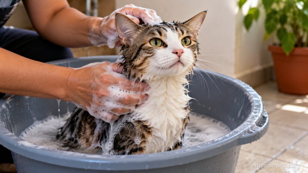 Gato sendo lavado dentro de uma bacia plástica, com espuma no pelo e duas mãos ensaboando