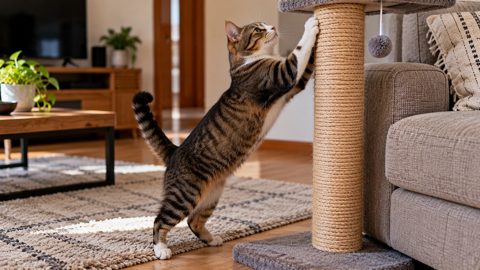 Gato esticado para cima usando um arranhador vertical de sisal ao lado do sofá da sala