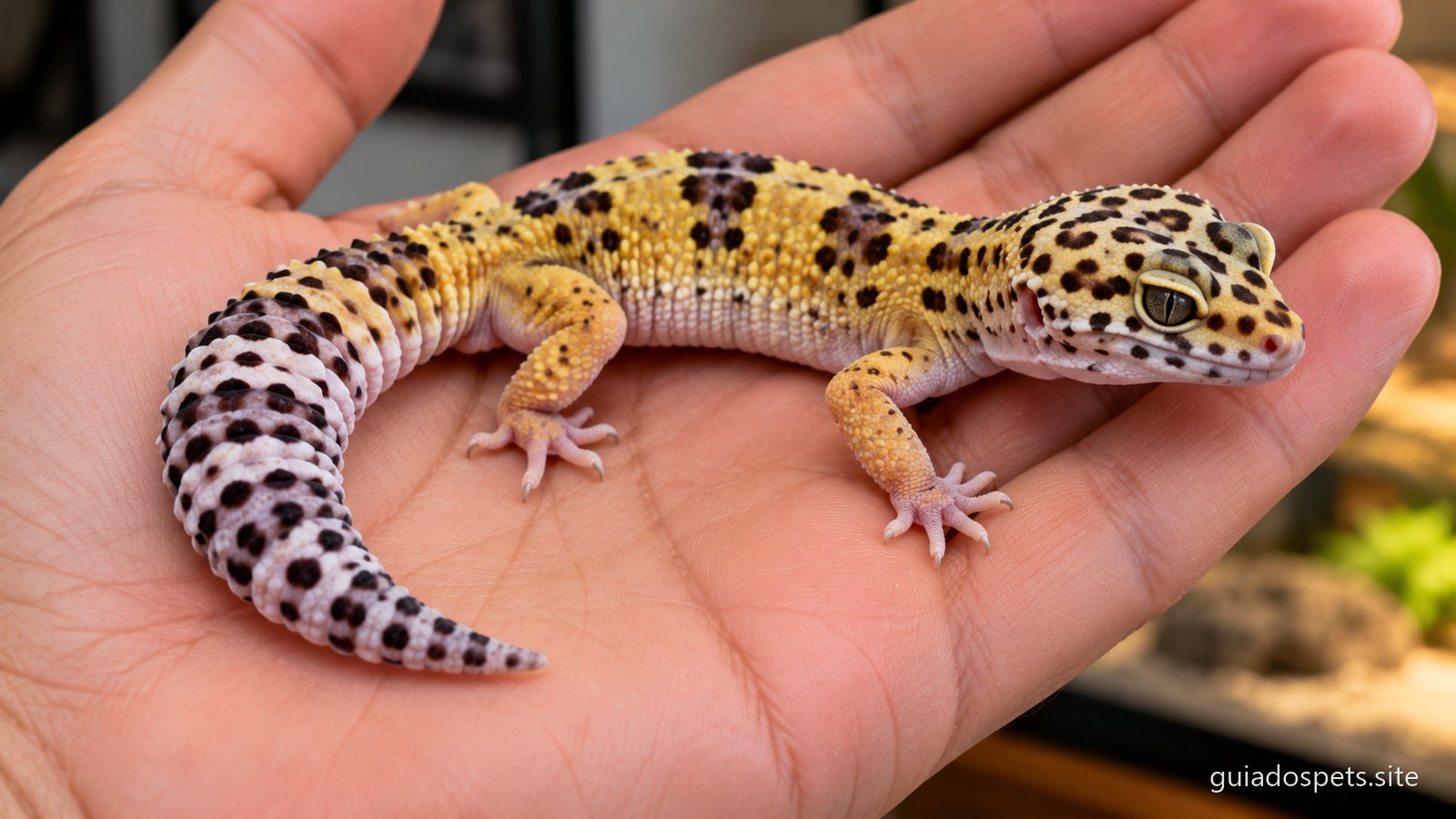 Gecko leopardo amarelo com manchas pretas pousado na palma da mao aberta de uma pessoa, ocupando pouco mais do que a propria palma
