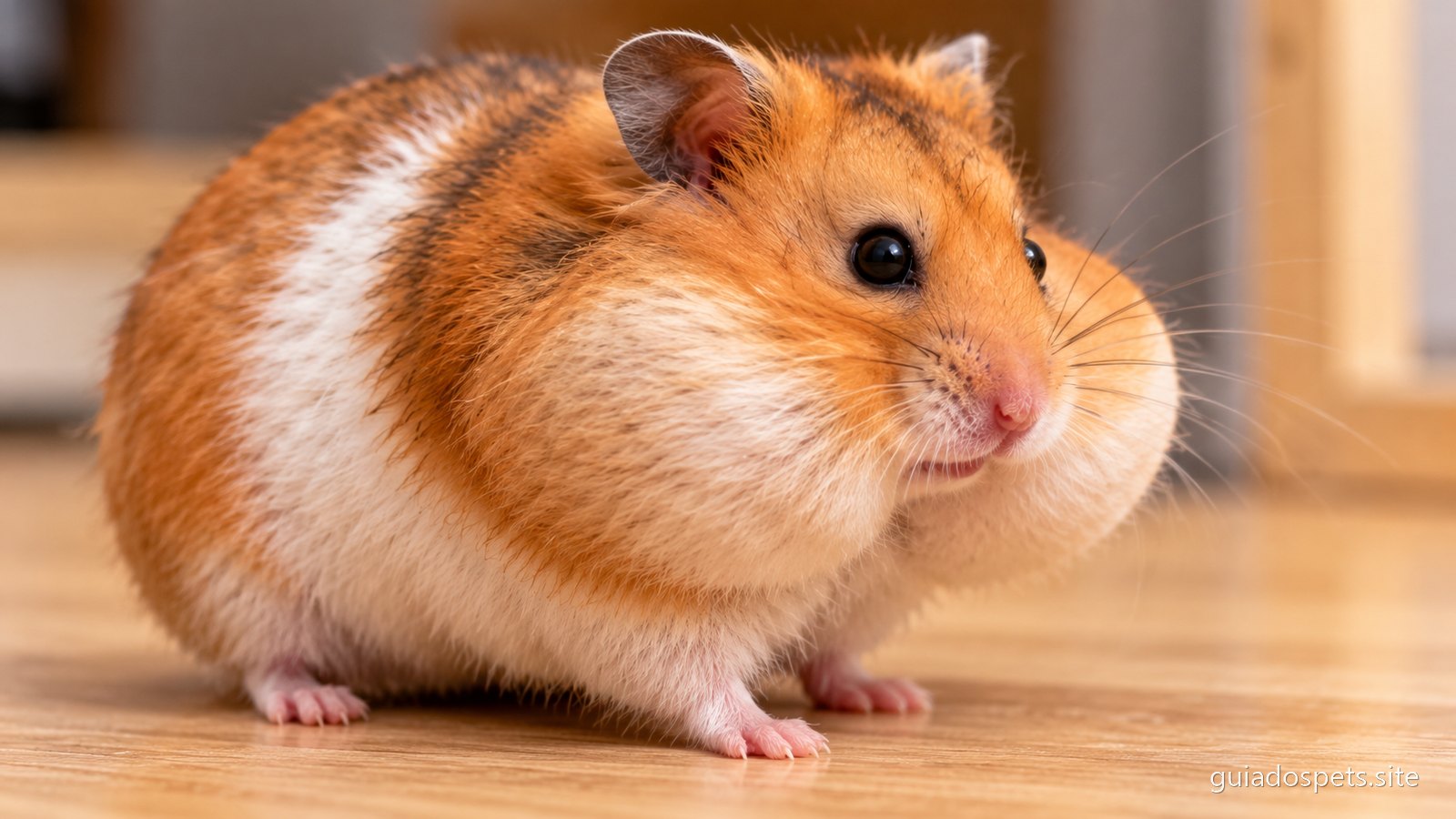 Hamster sirio visto de lado com a bolsa da bochecha cheia e dilatada, dando-lhe a cabeca larga e arredondada