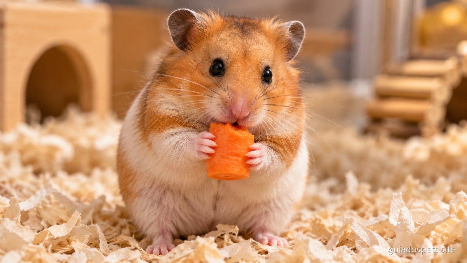 Hamster sirio dourado e branco sentado sobre as patas traseiras a segurar um pedaco de cenoura com as duas maos, sobre substrato claro