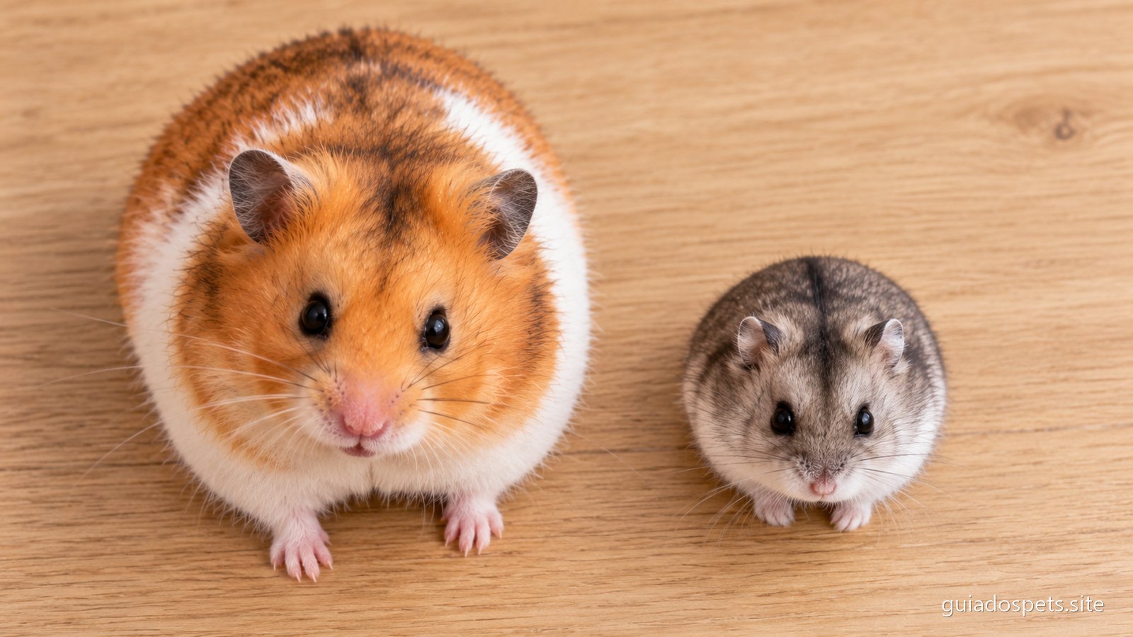 Hamster sirio grande, dourado e branco, ao lado de um anao russo bem mais pequeno e cinzento com uma risca escura no dorso, vistos de cima a mesma escala