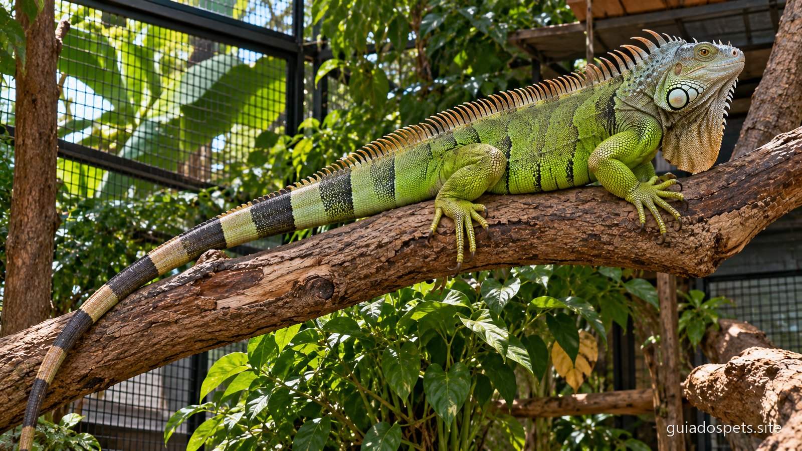 Iguana verde adulta agarrada a um ramo grosso num recinto alto, de corpo inteiro, mostrando a crista de espinhos no dorso e a cauda anelada