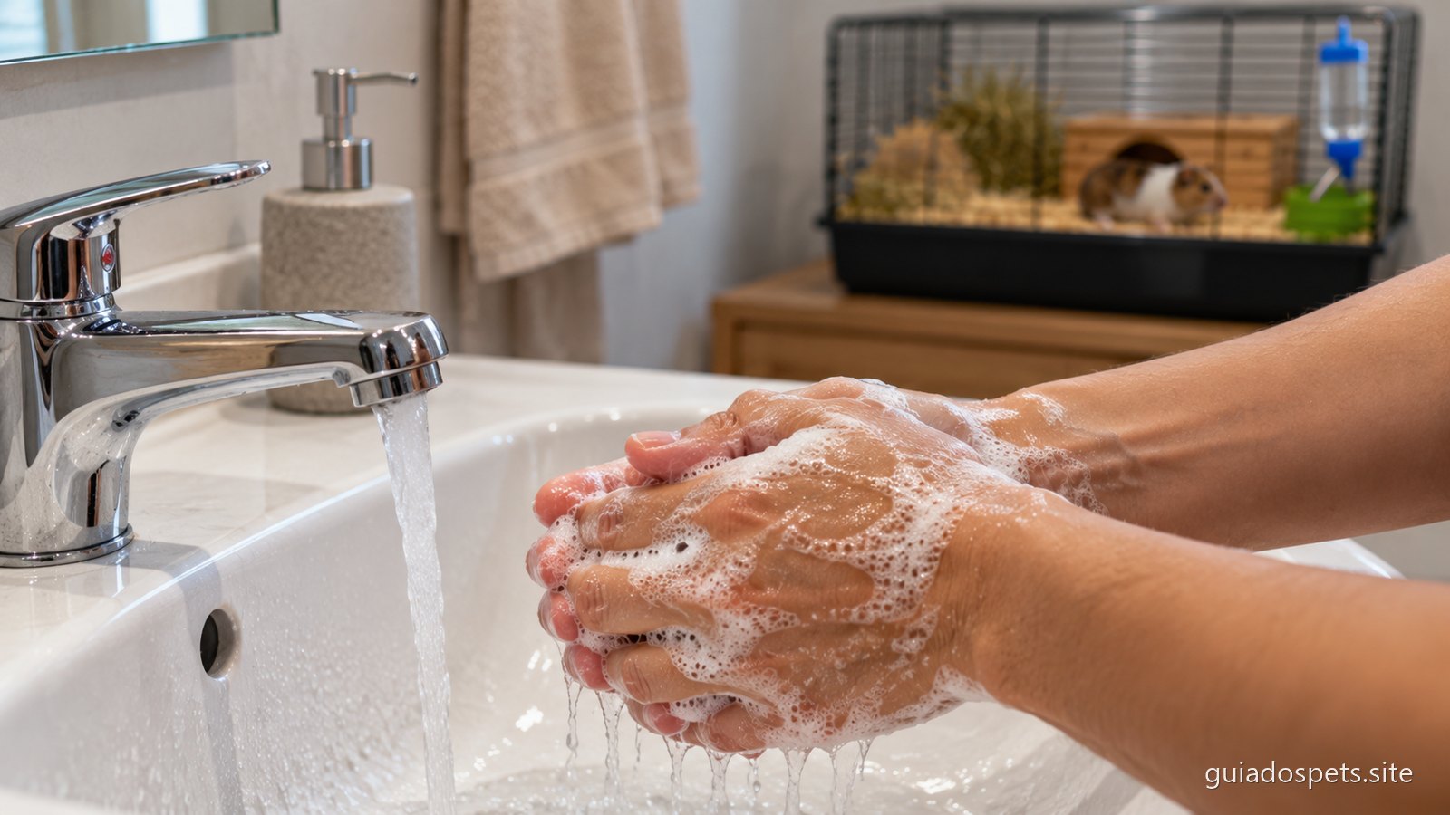 Maos a serem lavadas com agua corrente e sabao num lavatorio, com a gaiola do roedor desfocada ao fundo
