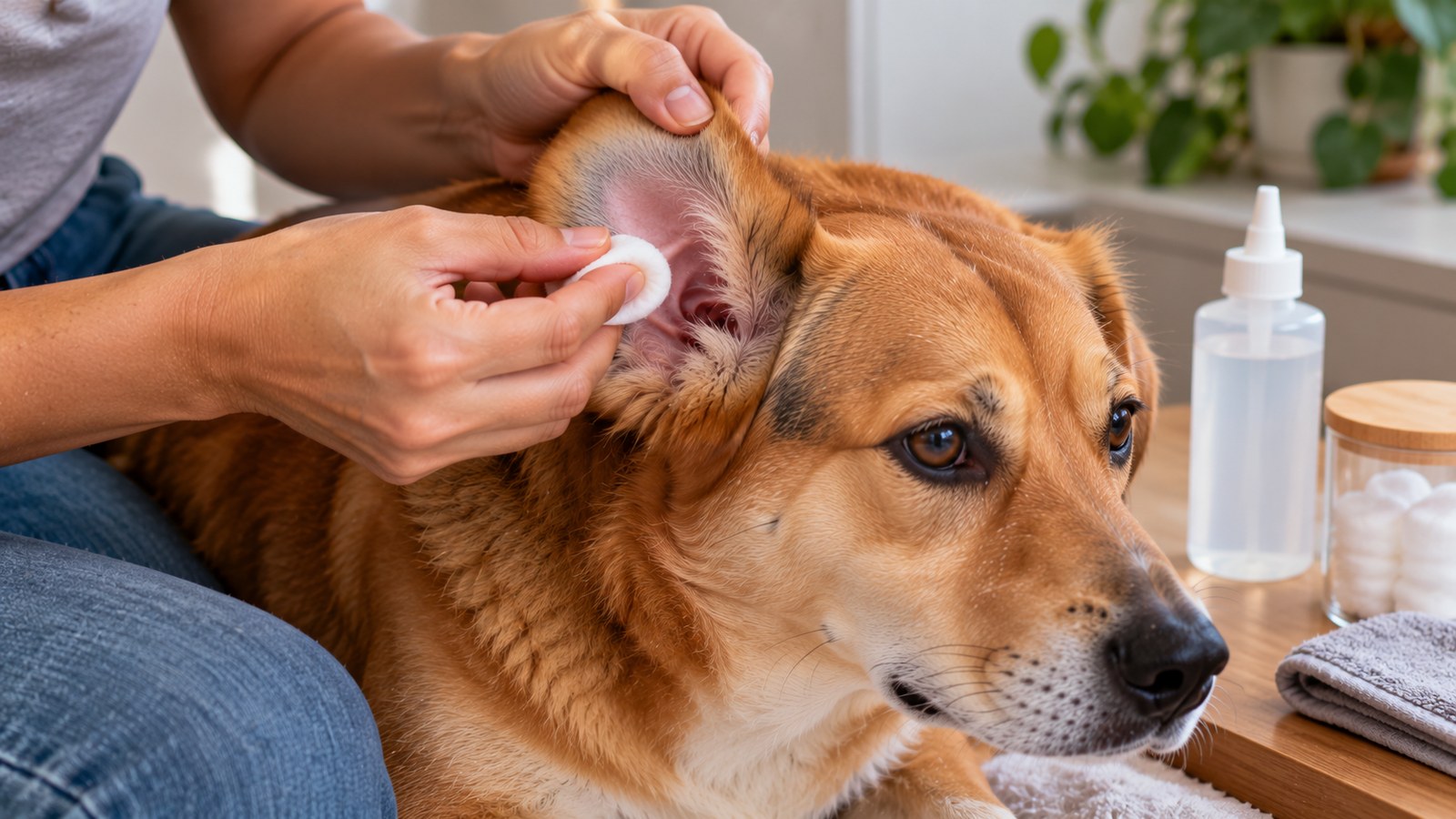 Mãos limpando a orelha de um cachorro caramelo com um disco de algodão, com o frasco de solução ao lado