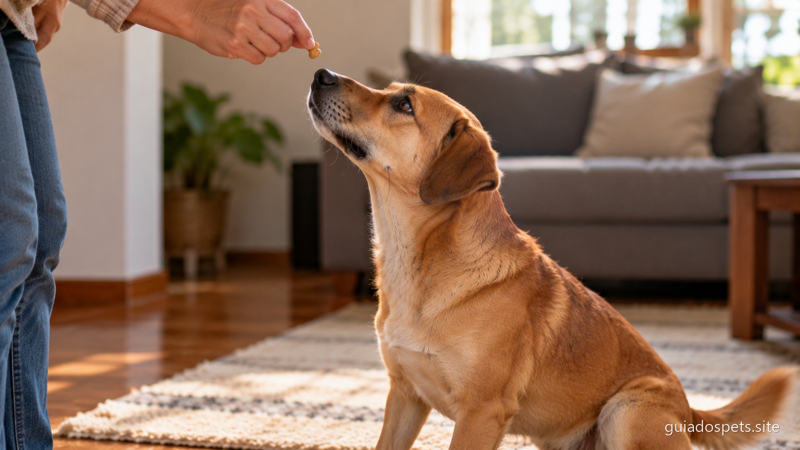 Mao segurando um petisco acima do focinho de um cachorro caramelo sentado, que levanta a cabeca acompanhando a mao, numa sala de casa