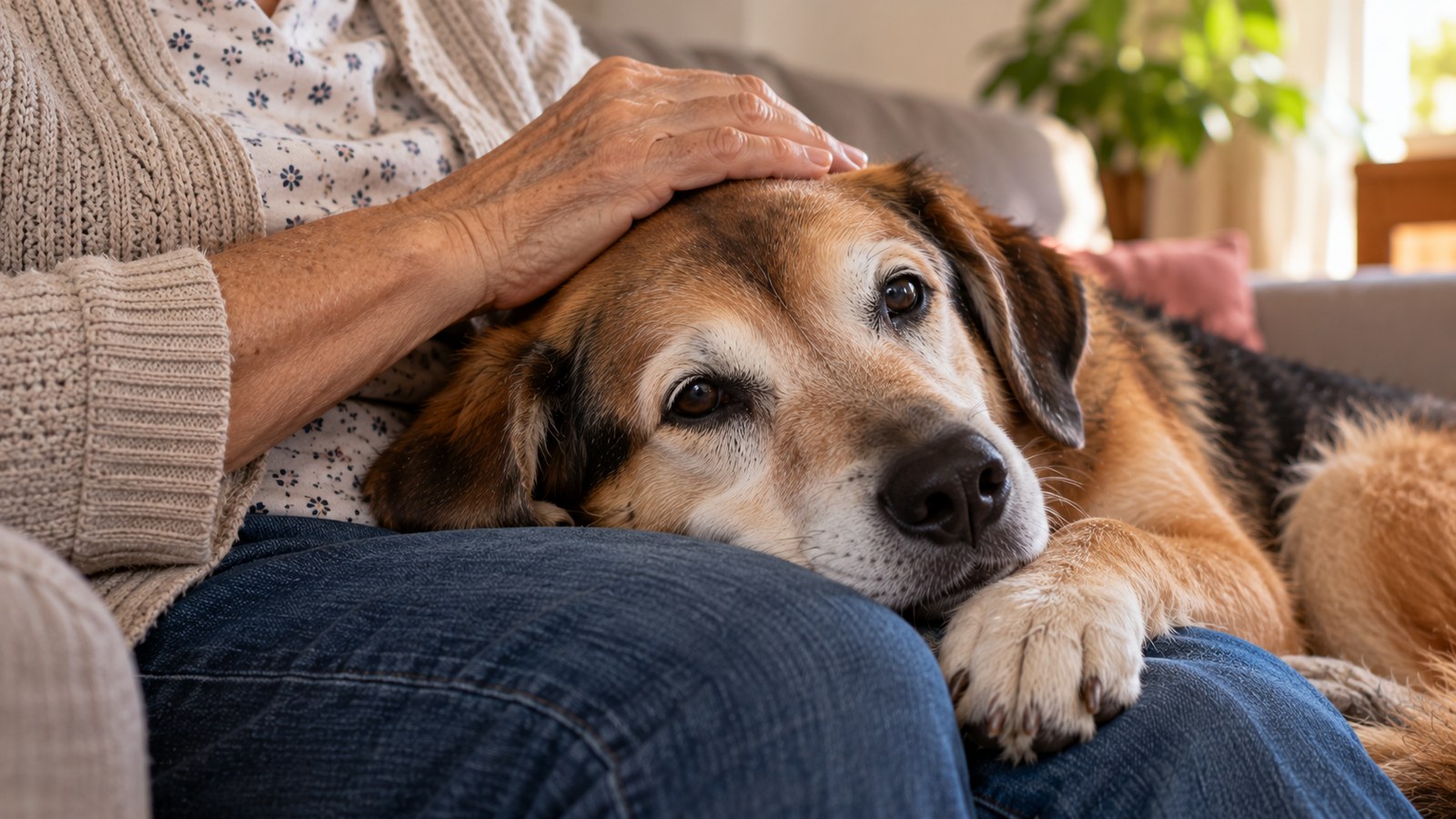 Mãos de uma pessoa mais velha acariciando a cabeça de um cachorro idoso deitado no colo dela, no sofá