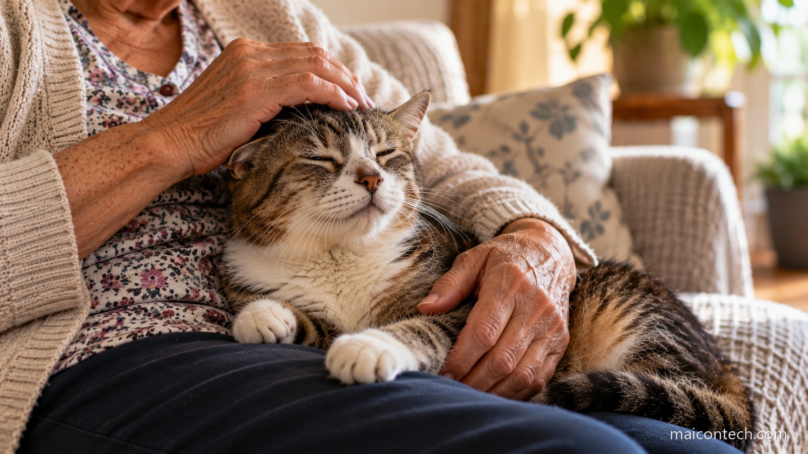 Mãos de uma pessoa mais velha acariciando a cabeça de um gato idoso deitado no colo, de olhos fechados