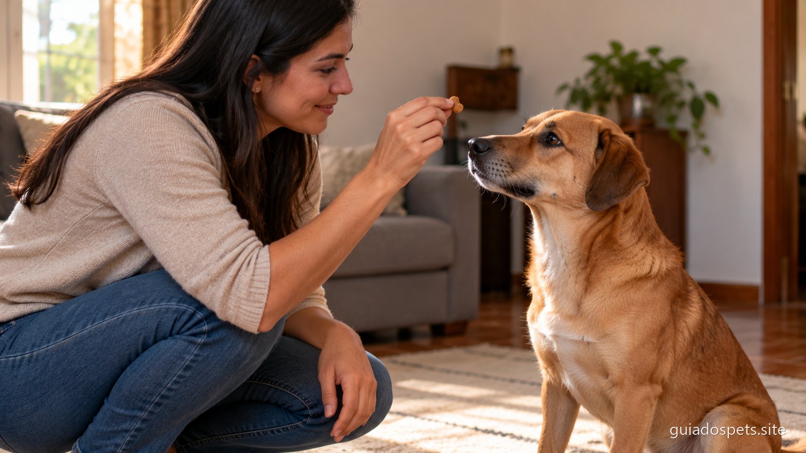 Mulher agachada no chao da sala segurando um petisco na altura do focinho de um cachorro caramelo sentado, que olha para ela com atencao