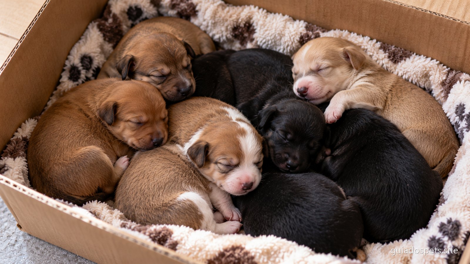 Ninhada de cachorros recem-nascidos de cores diferentes dormindo encostados uns aos outros dentro de uma caixa de papelao forrada