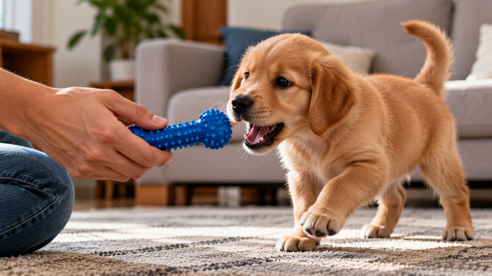 Mão oferecendo um brinquedo de borracha azul a um filhote de cachorro dourado que se aproxima para morder