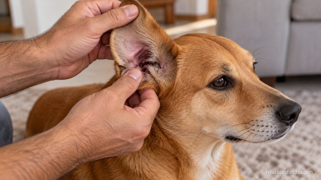 Mãos de uma pessoa levantando a orelha de um cachorro caramelo para olhar o canal do ouvido por dentro
