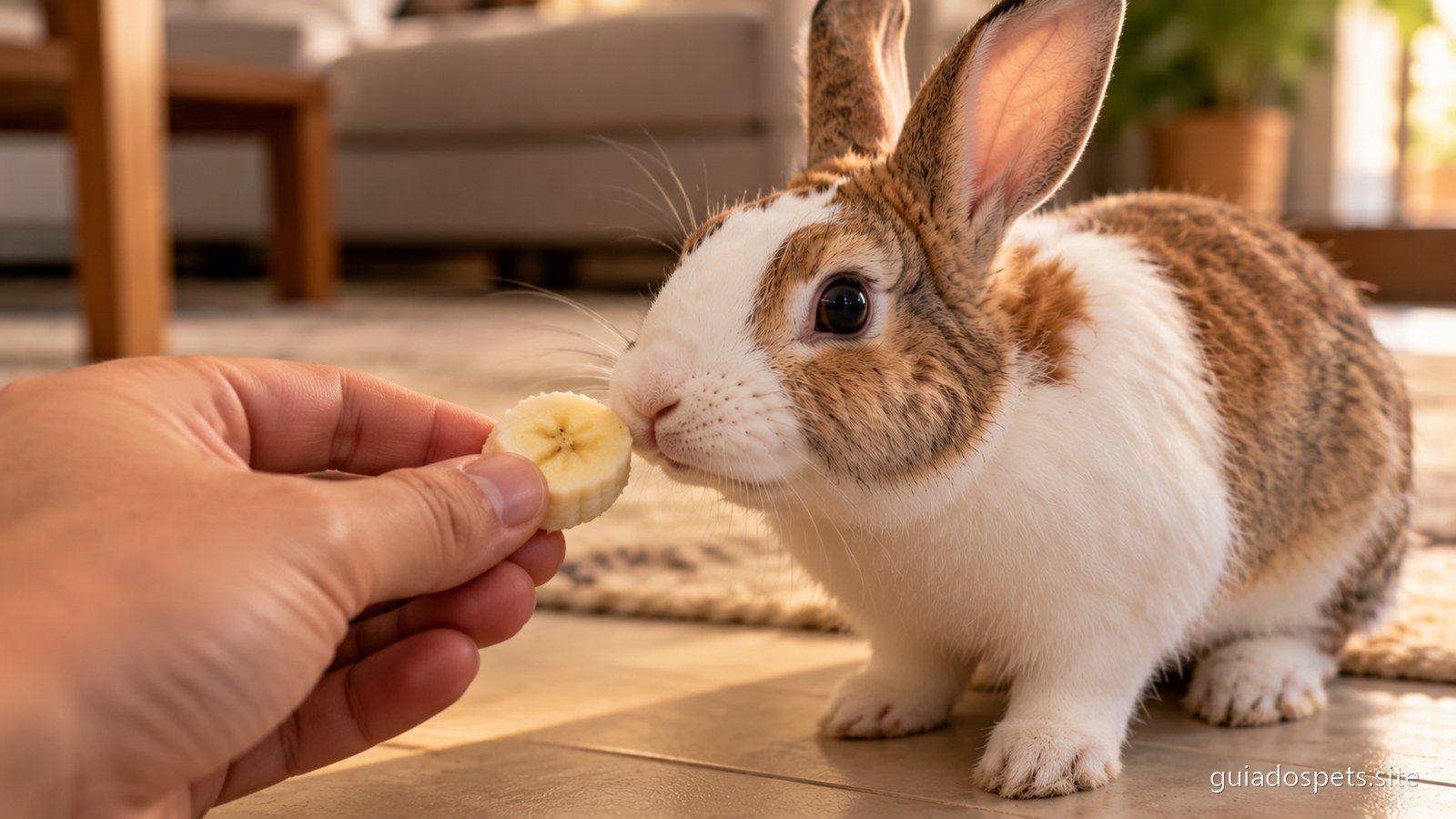 Mao oferecendo uma rodela pequena de banana a um coelho, que se aproxima para cheirar