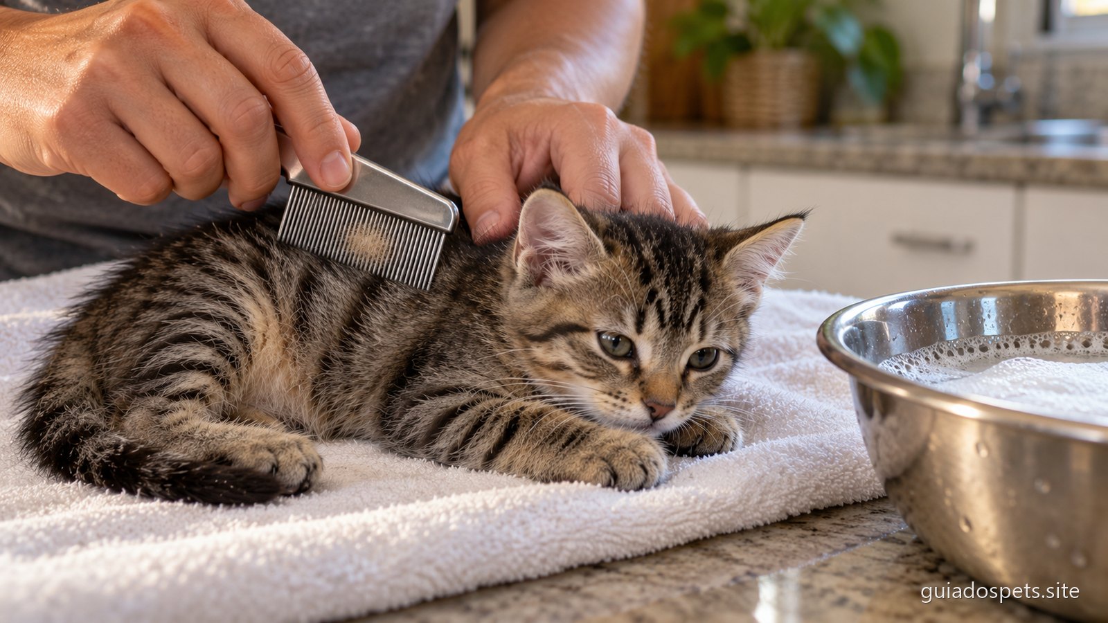 Maos passando um pente fino de metal no pelo de um gatinho filhote deitado sobre uma toalha branca, com uma tigela de agua com espuma de detergente ao lado