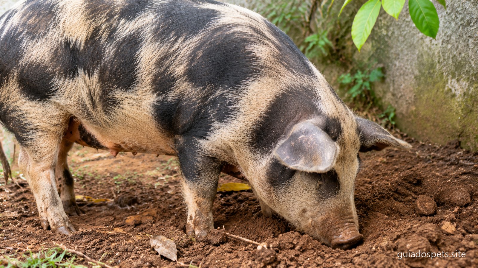 Porco adulto fucando a terra solta com o focinho num canto de quintal, com a terra revolvida a volta