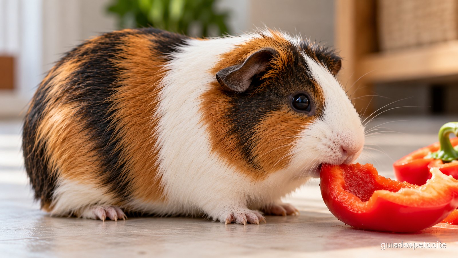 Porquinho da india de pelo malhado comendo um pedaco de pimentao vermelho sobre uma superficie clara
