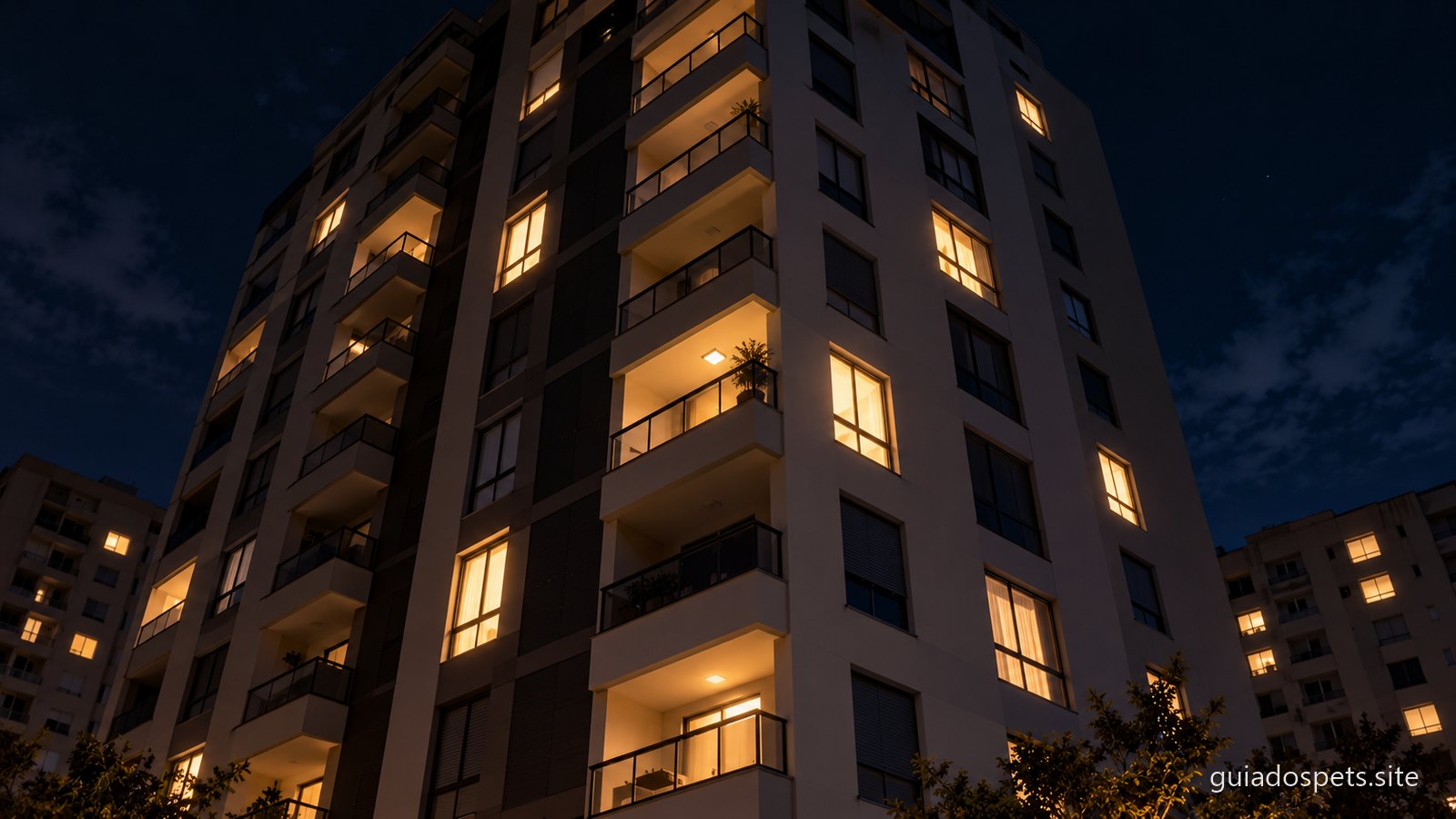 Fachada de um predio de apartamentos a noite, com algumas janelas iluminadas e outras as escuras