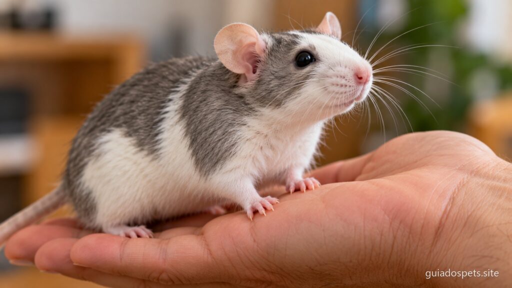 Rato de estimacao branco e cinzento pousado na mao aberta de uma pessoa, visto de lado, com o focinho erguido