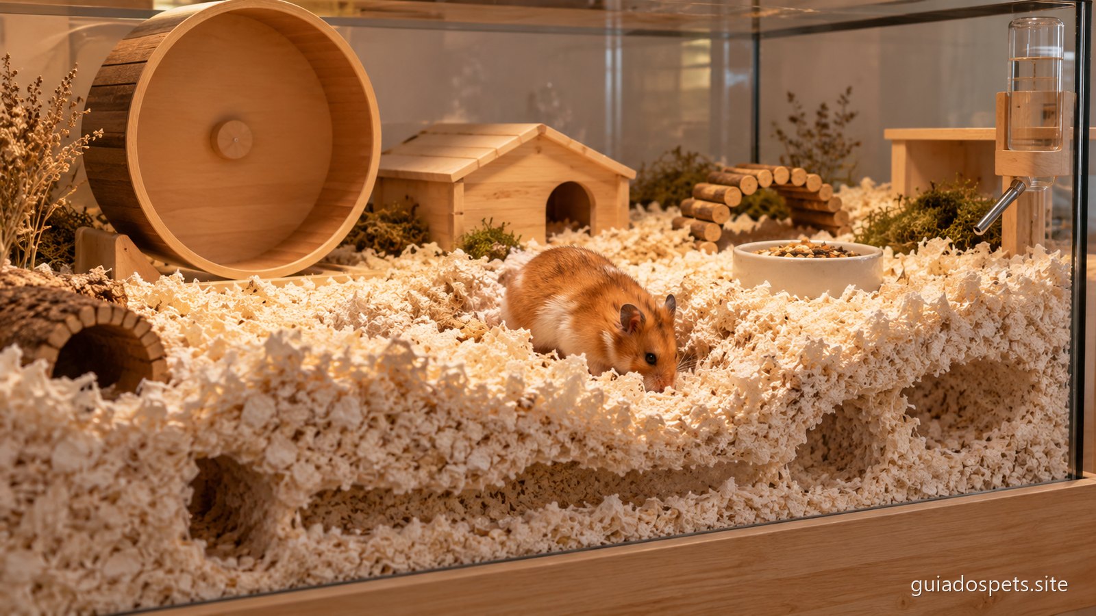 Recinto de vidro para hamster com substrato fundo e tuneis escavados, roda de madeira de superficie fechada, casinha, bebedouro e tigela de racao