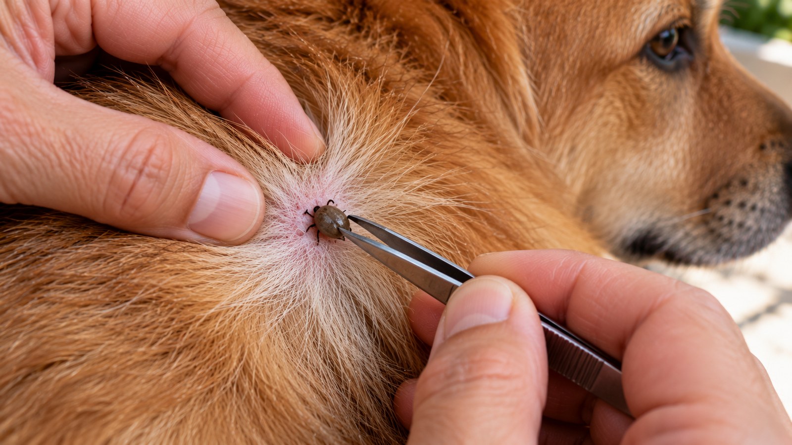 Mão usando uma pinça para retirar um carrapato preso na pele de um cachorro, segurando o parasita junto à pele