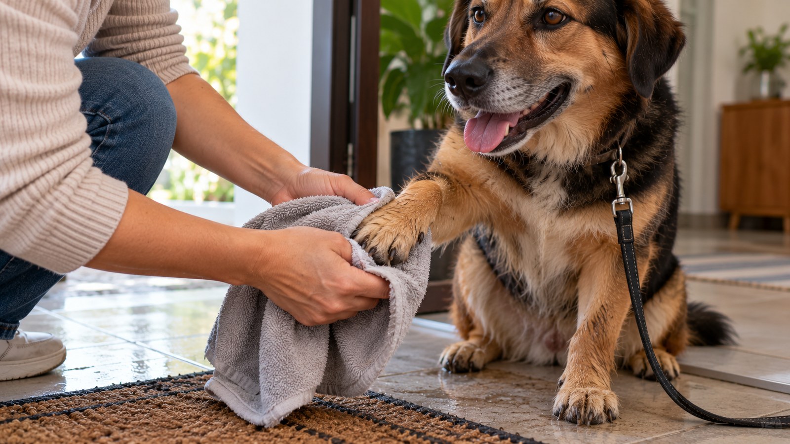 Pessoa agachada secando com uma toalha a pata de um cachorro sentado na porta de casa, ainda de guia, depois do passeio