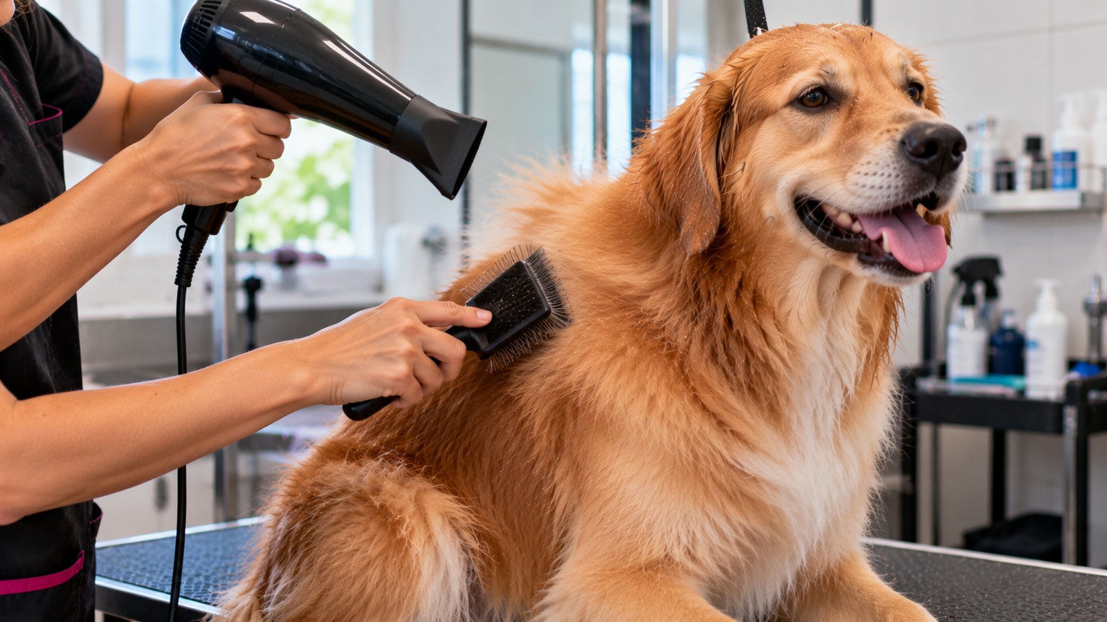 Cachorro dourado sendo secado com secador enquanto uma mão passa a escova no pelo, na mesa do pet shop