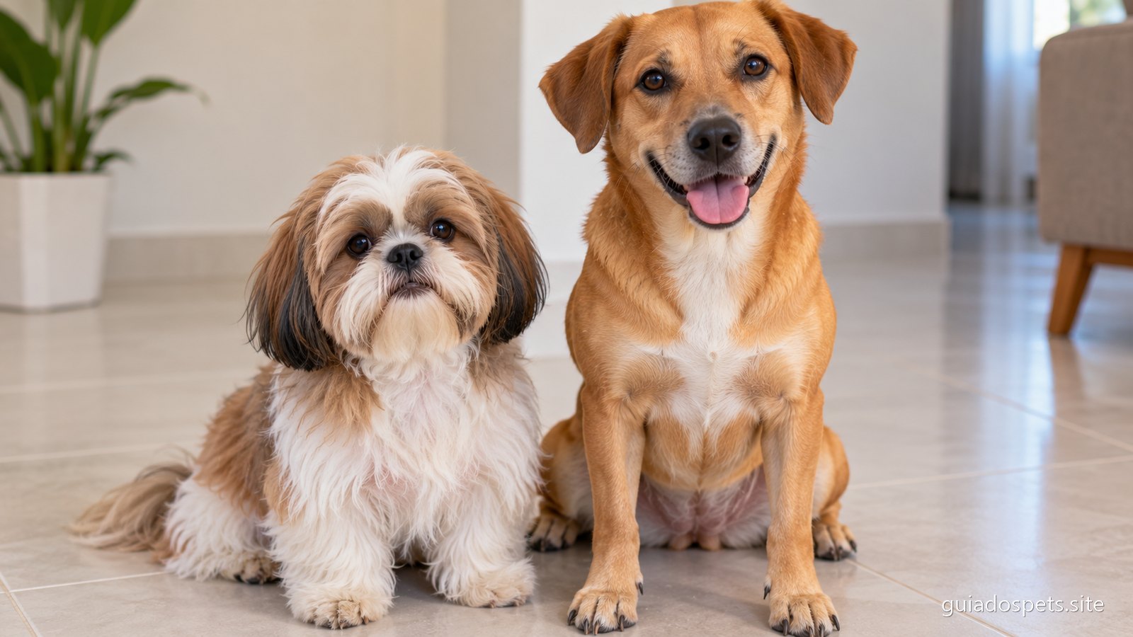 Um shih tzu e um vira-lata caramelo sentados lado a lado