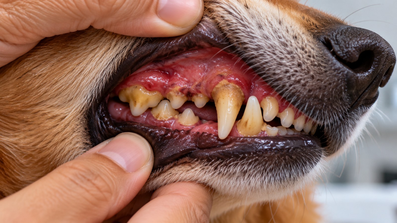 Close da boca de um cachorro com o lábio levantado, mostrando acúmulo amarelado de tártaro na base dos dentes e a gengiva avermelhada