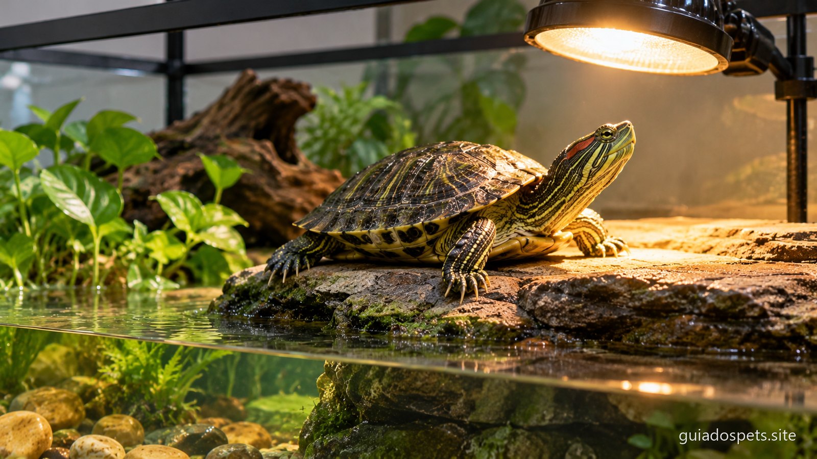 Tartaruga de agua doce descansando sobre a plataforma seca do aquario, sob a luz de uma lampada propria de terrario