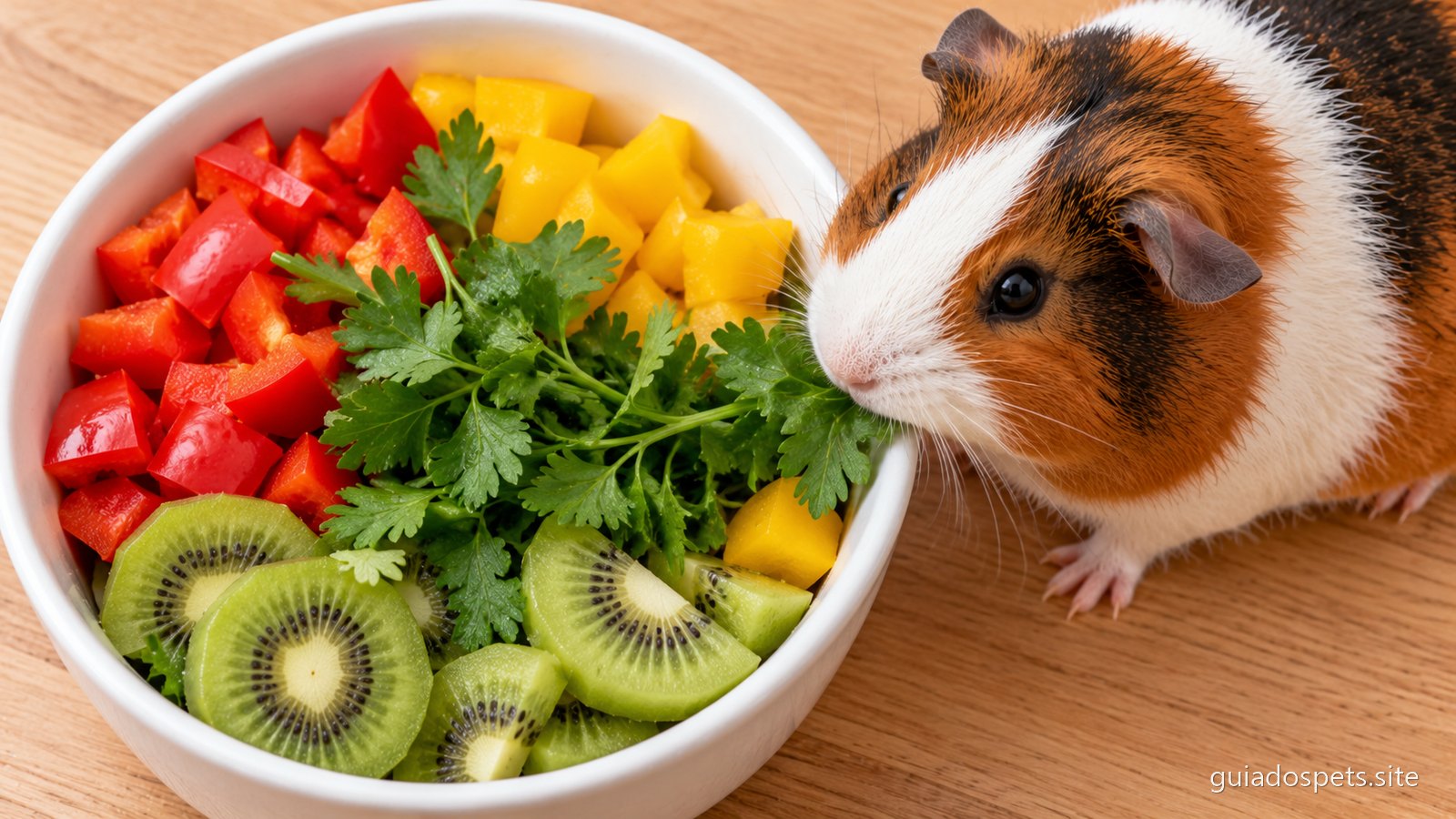 Tigela branca com pedacos de pimento vermelho e amarelo, salsa fresca e rodelas de kiwi, com um porquinho da india a aproximar-se da borda