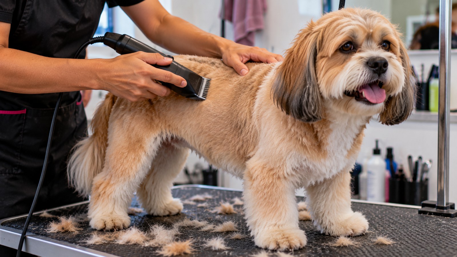 Mãos aparando com máquina de tosa o pelo de um cachorro pequeno em cima da mesa de banho e tosa, com tufos de pelo caídos