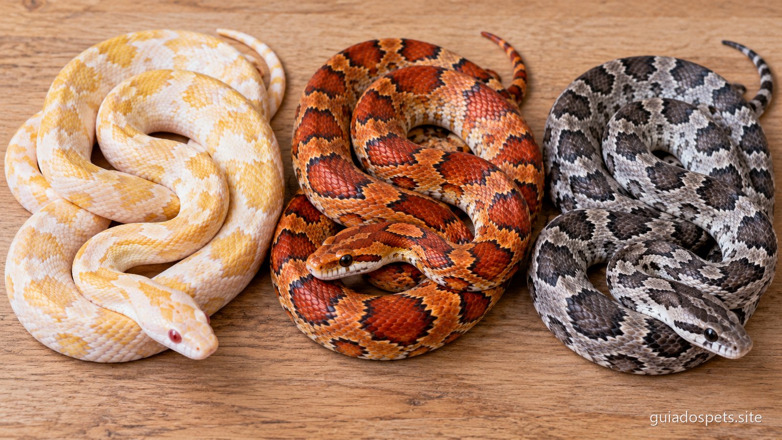 Tres cobras do milho de cores diferentes lado a lado sobre madeira clara: uma albina creme e amarela de olhos vermelhos, uma laranja e vermelha de padrao natural, e uma cinzenta e preta