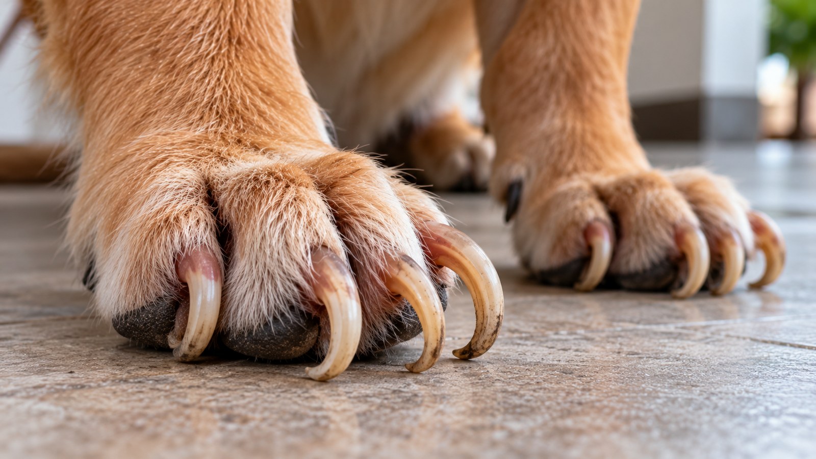 Close das patas dianteiras de um cachorro com as unhas muito compridas e curvadas, tocando o chão