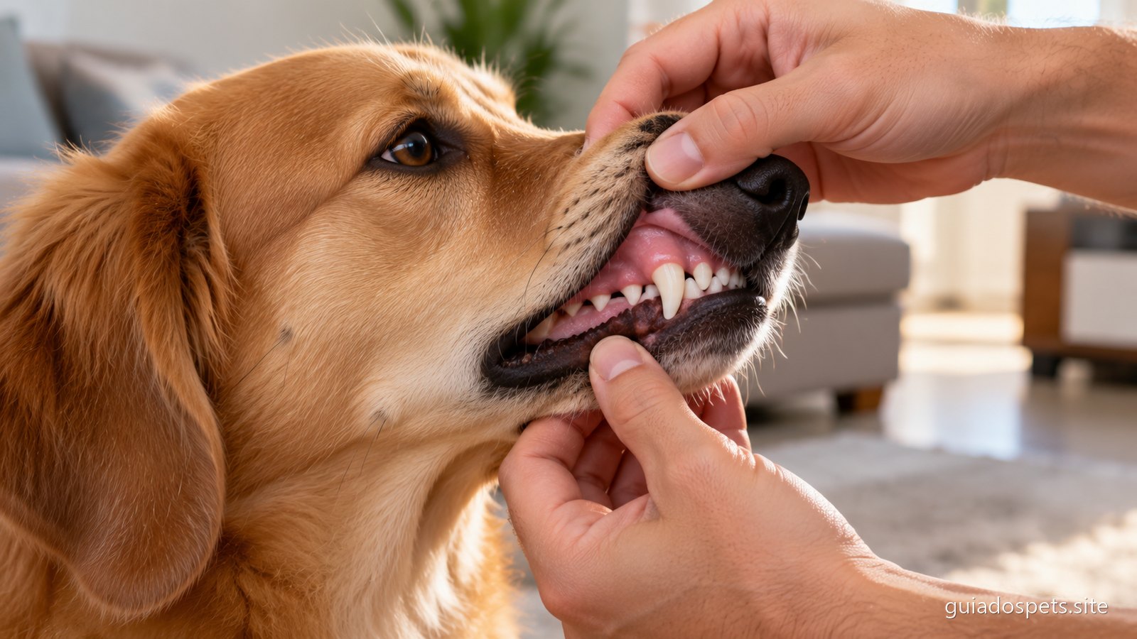 Maos de uma pessoa a levantar o labio de um cachorro para ver os dentes e a gengiva